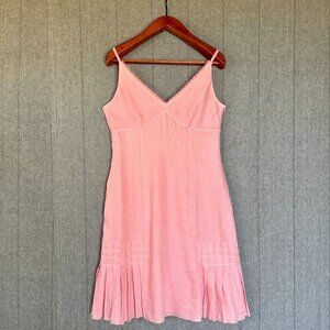 Vintage Y2K Ann Taylor Pink 100% Linen Pin Tuck Ruffle Hem Midi Dress Size 12